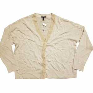 Eileen Fisher Linen Cardigan Sweater Womens Large L Cream Gold V-Neck NEW NWT